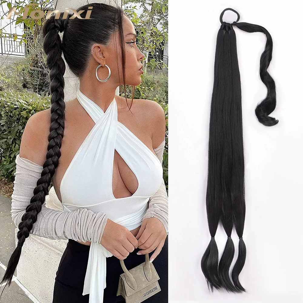 24 Inch Long Braided Ponytail Extension with Hair Tie, Braided Ponytail  Hair Pieces for Black Women Synthetic Hair Pony Tail Natural Black Wrap  Around