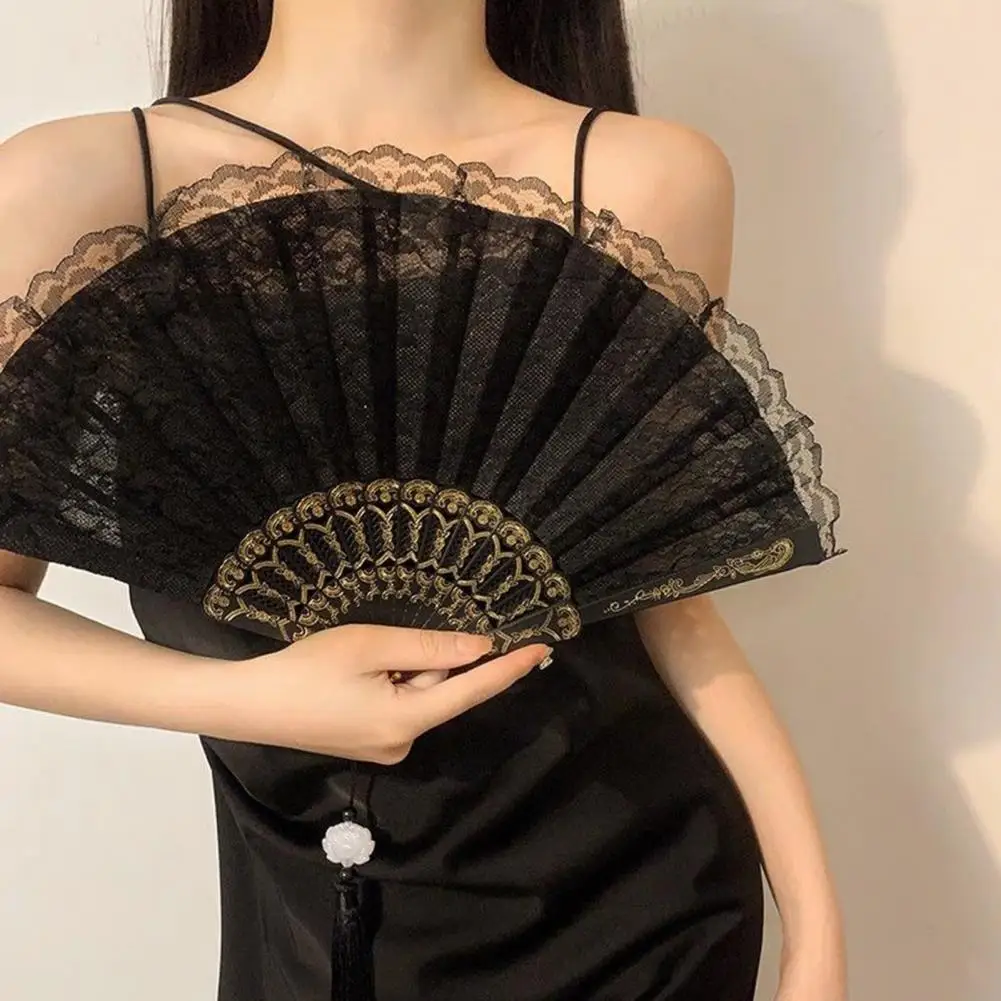 

Dance Performance Fan Elegant Vintage Lace Folding Fan with Tassel for Summer Parties Dance Performances Hand Held Lolita Fan
