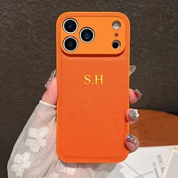 Personalized Luxury Classic Faux Leather Case with Gold Hot Foil Engraving - iPhone 15 Plus (Orange)