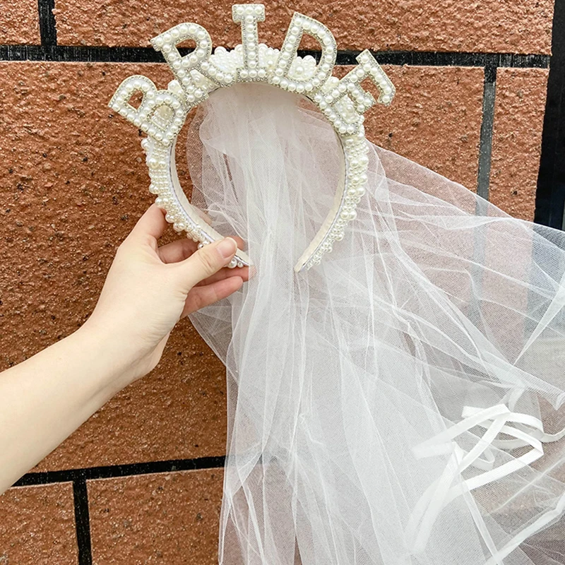 

Bride To Be Pearl Crown Tiara Veil Bach Hen Bachelorette Party Bridal Shower Wedding Engagement Rehearsal Dinner Decoration Gift