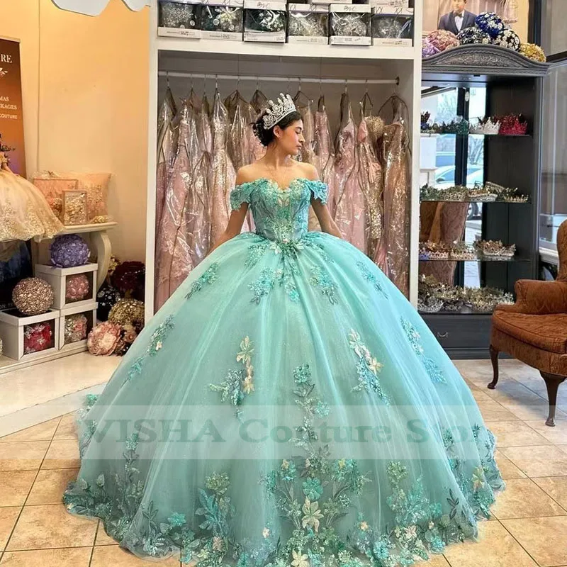 Princess Ball Gown Quinceanera Dresses Off Shoulder Beaded Appliques Lace up Sweet 16 Dress Vestidos De 15 años 2023