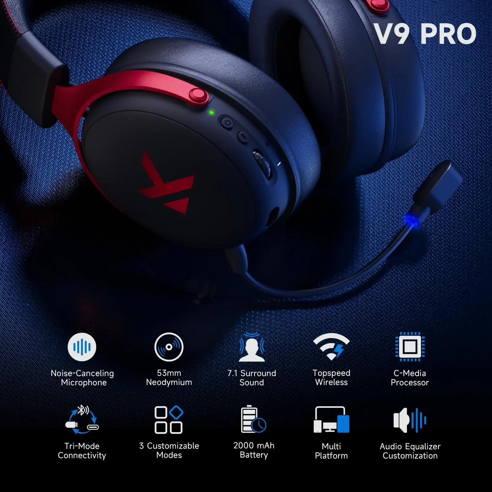 سماعة ألعاب لاسلكية MCHOSE V9 pro خفيفة الوزن وخاصية إلغاء الضوضاء وصوت محيطي وكمون منخفض لمفتاح PS5 PC