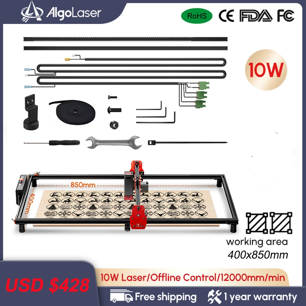 

AlgoLaser Engraving Machine Area 85*40cm WIFI Offline Control 10W Laser Engraver DIY Leather Acrylicy Wood Cutting Air Assist