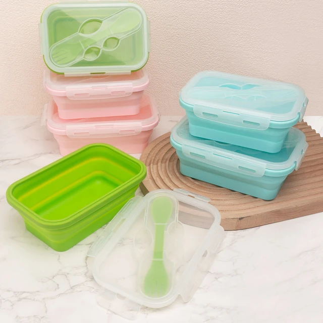 Collapsible Silicone Lunch Box with Fork & Spoon