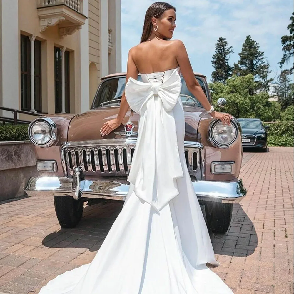 Mermaid Wedding Dress Brides Strapless Lace Up Big Bowknot Bride Dress Long Train Elegant Wedding Party Bridal Gown Customized 3