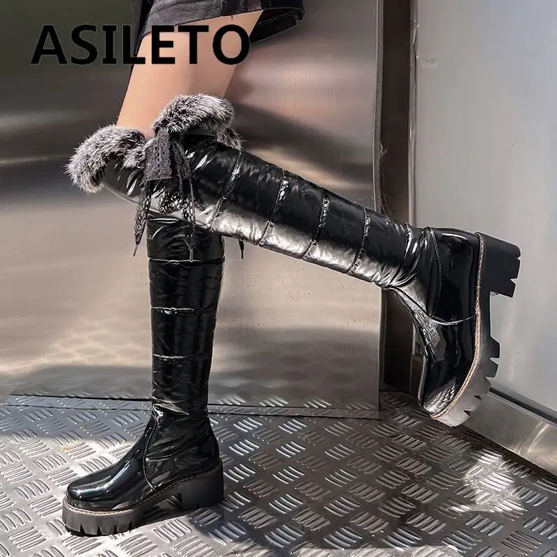 

ASILETO Womans Thigh Booty 57cm Down Plush Warm Fur Snow Boots Round Toe Slip On Lace Platform Big Size 43 Winter Female Shoes
