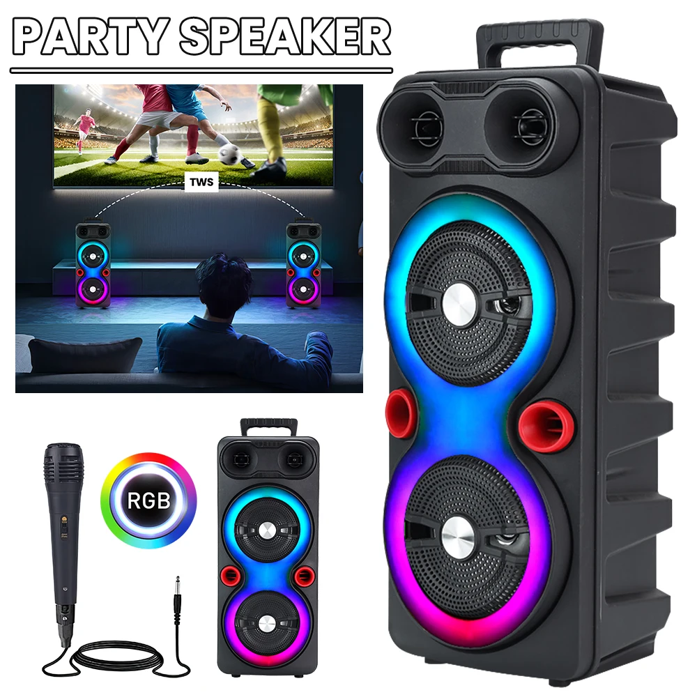 Portable Bluetooth Speaker Sub Woofer Heavy Bass DJ RGB Party Speakers Sound System TWS Karaoke Machine with Mic FM Radio
