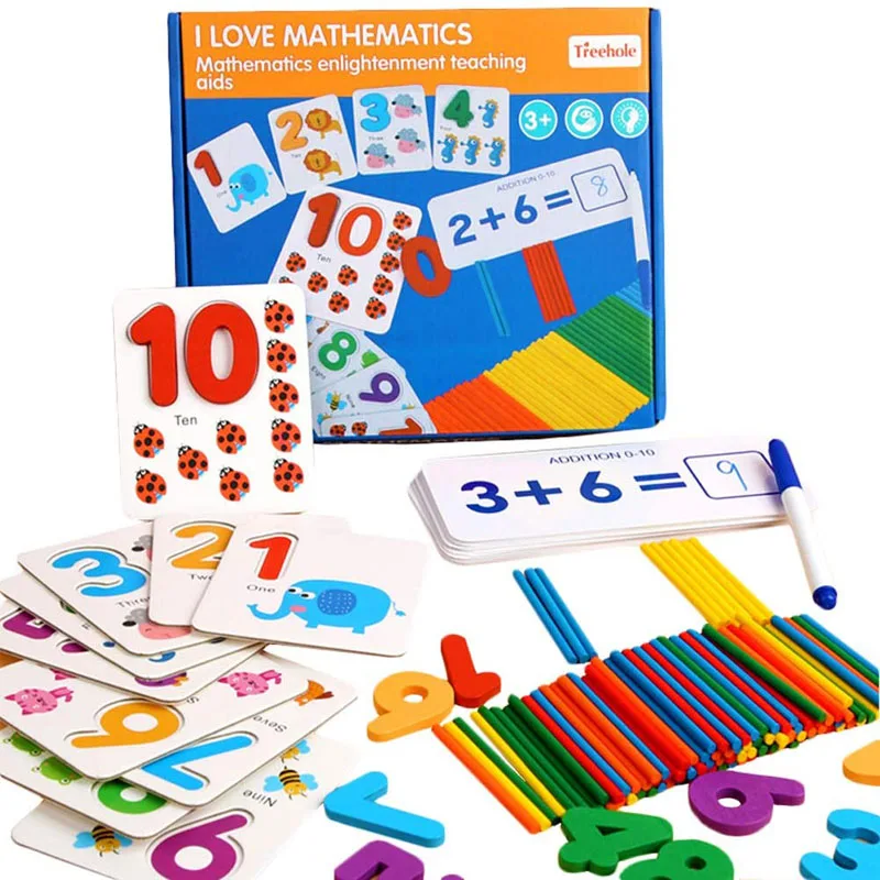 

Счетные палочки, игрушки Монтессори, математическая обучающая игрушка для детей, деревянные интеллектуальные палочки, цифры и искусственные карты с коробкой