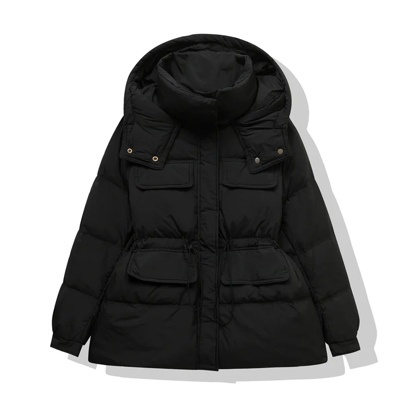 2023 Autumn Winter New Down Jacket Women Hooded Thickened Korean Fashion Workwear Long Sleeve White Duck Down Loose Coat