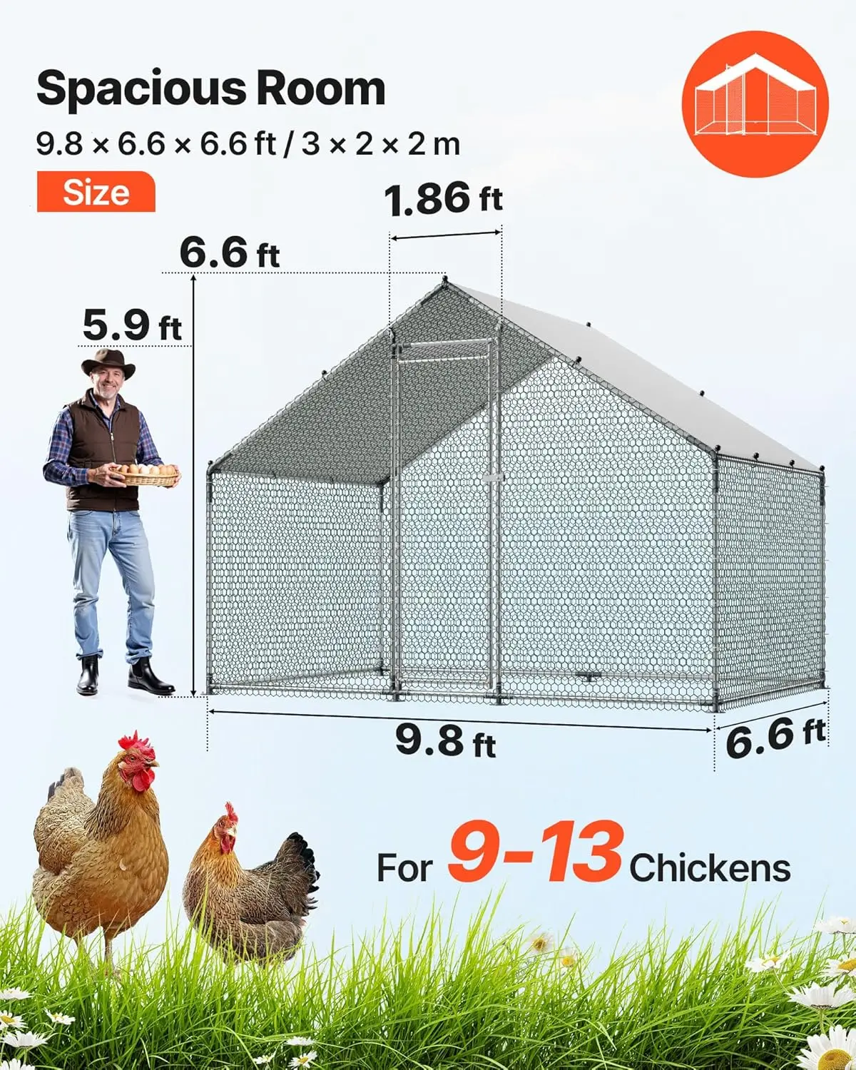 Large Metal Chicken Coop with Run, Walk in Chicken Run for Yard with Waterproof Cover, 6.5 x 9.8 x 6.5 ft, Spire Roof Large