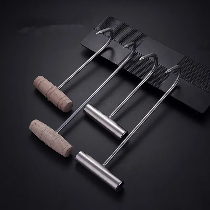 Stainless steel and wood handle T word meat hooks for BBQ kitchen accessories