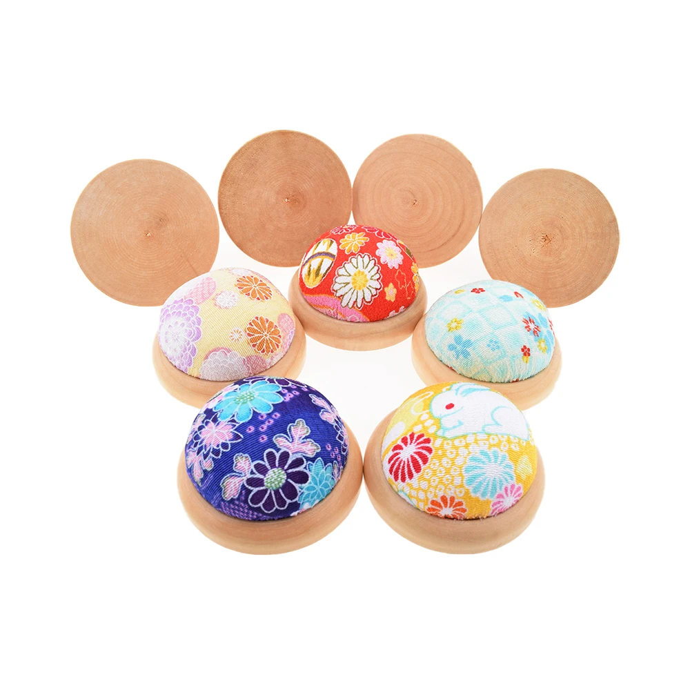 Chainho,Pin Cushion With Wooden Base,Printed Floral Fabric Cover,DIY Sewing Quilting Accessory,Needlework Tools,Random 1Piece