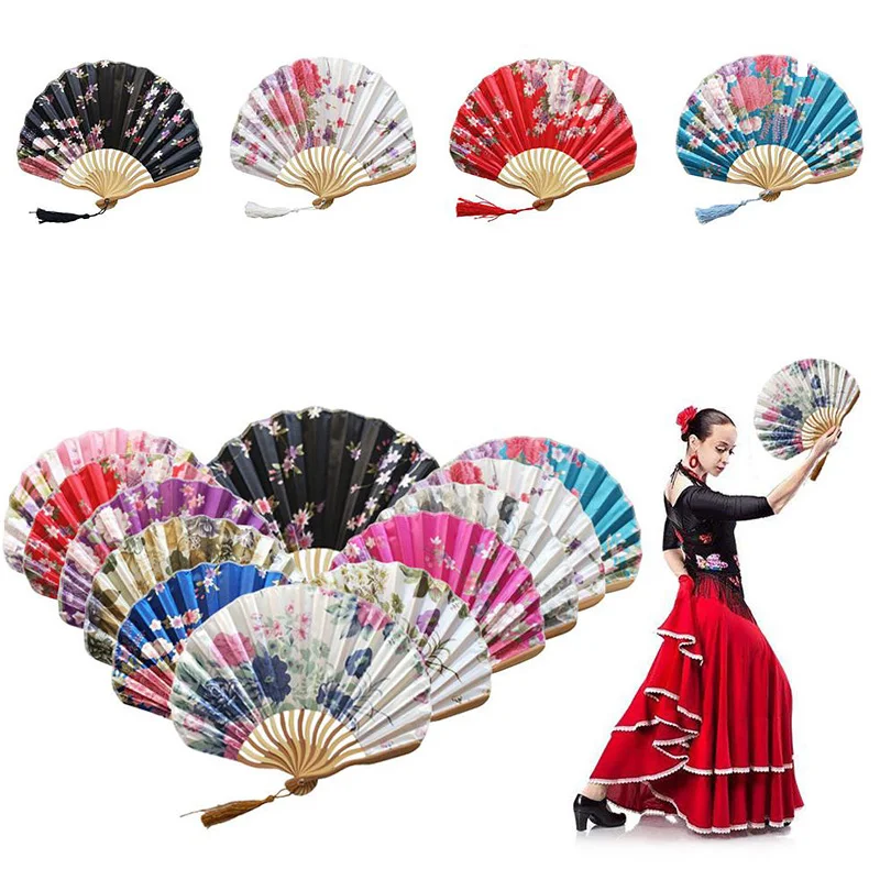 Hand Fold Fan Bamboo Wood Silk Flower Japanese Chinese Wedding Decorate Home Gift