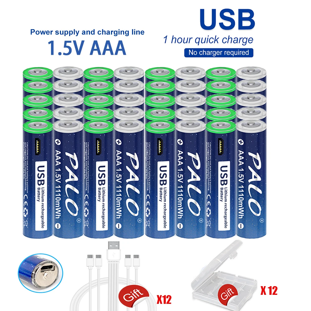 PALO 20 44PC USB 1.5V AAA Li ion Battery 1110mWh 100% Capacity Lithium ...