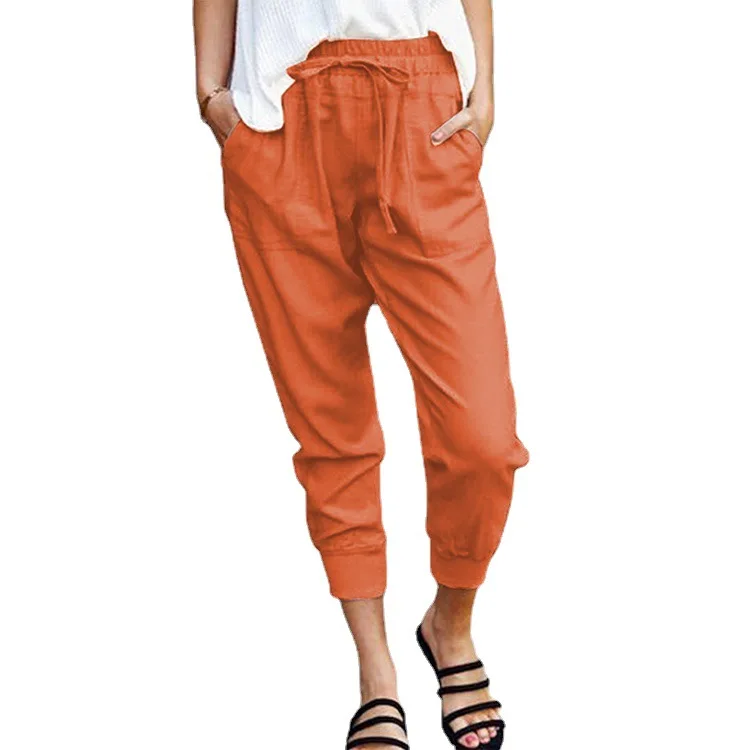 Summer New Solid Color Simple Lace-up Casual Pants High-waisted Slimming Nine Points Small Foot Pants