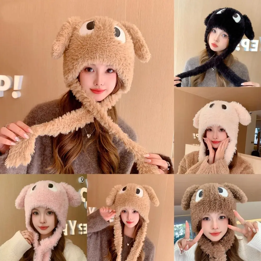 

Cute Big Eyes Dog Hat Cartoon Fluffy Warm Plush Ear Protection Hat Soft Winter Bucket Hat Women
