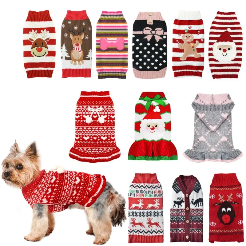 Christmas Dog Sweater Winter Warm Dog Clothes Pet Coat Cartoon Knitted Dress Chihuahua Jacket Kitten Puppy Striped Clothing