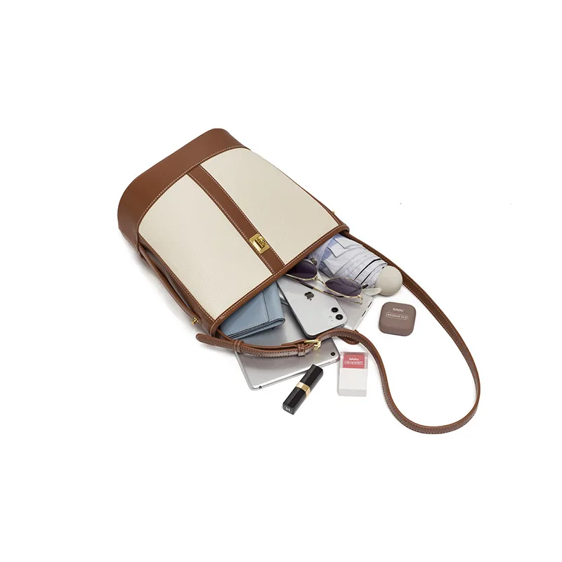 Maxdutti Fashion Retro Canvas Stitching Soft Leather Shoulder Messenger Bag Large Capacity Bucket Bag Female Commuter Versatile