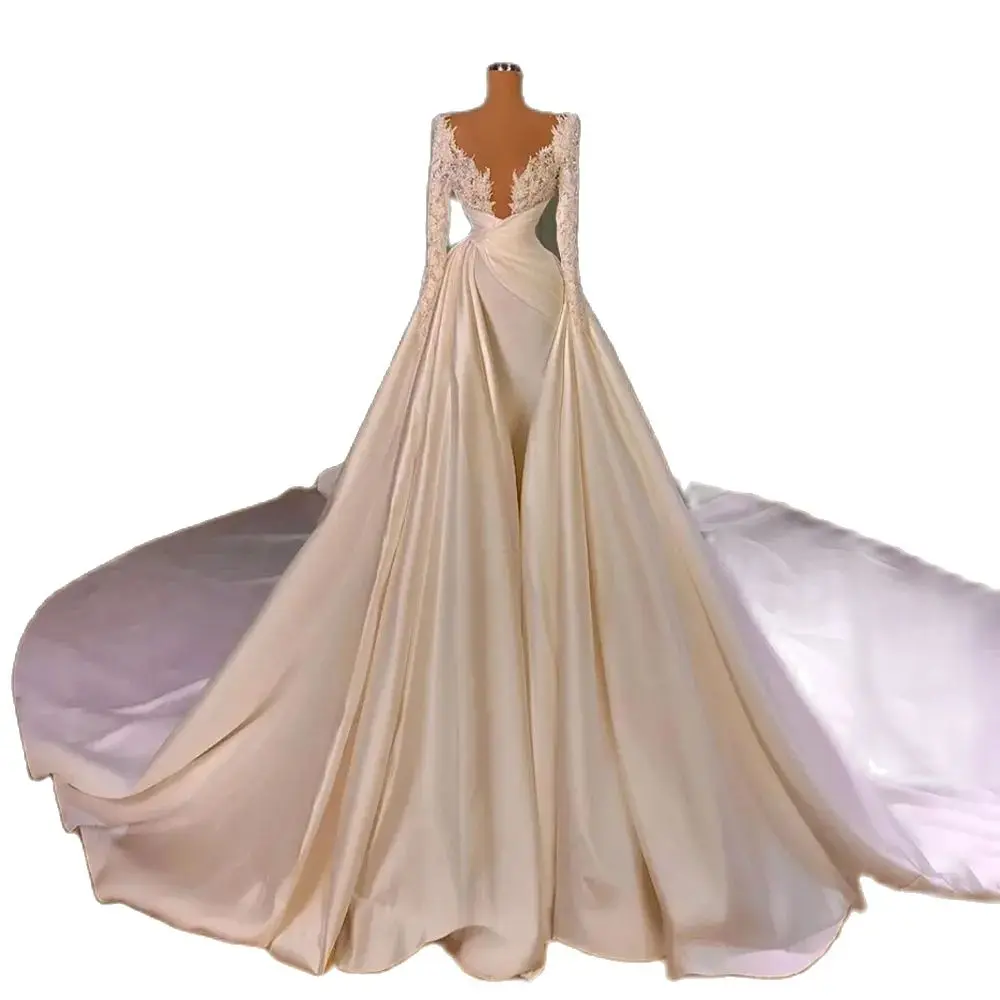 Elegant Deep V Neck Wedding Dresses With Train Lace Long Sleeves Turkish Kaftans Pearls Bridal Gowns Beaded Vestido De Novia