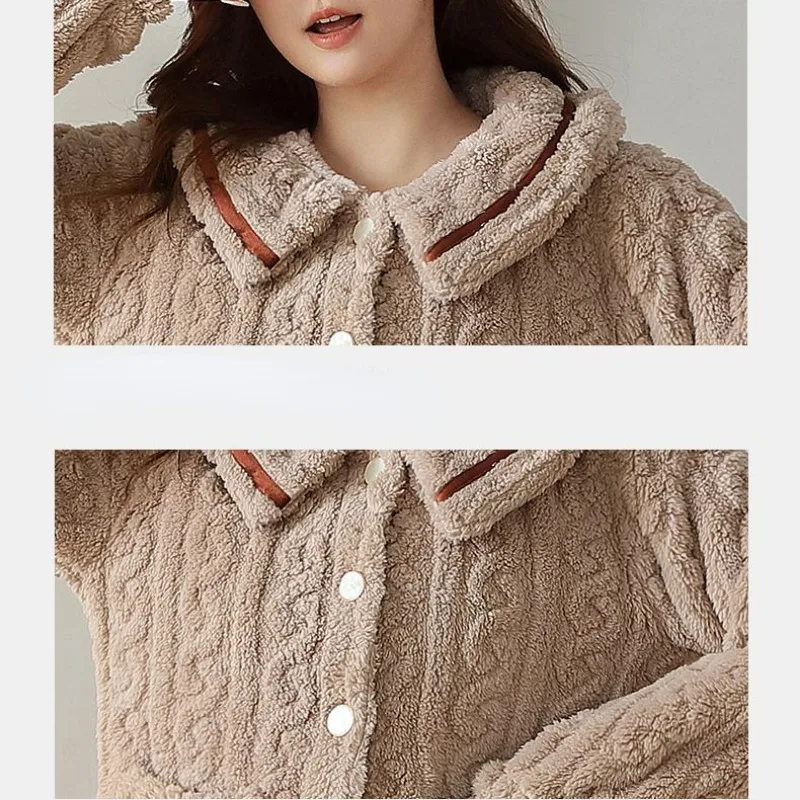 2024 Coral Velvet Pajamas Women Winter Thicken Sleepwear Jacquard Plush Warm Loungewear Girls Household Clothing Suit Outer Wear