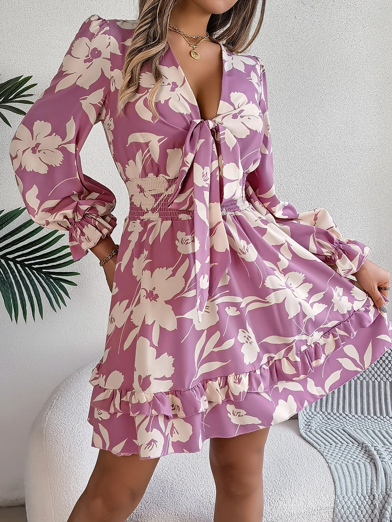 Pink Flower Print V Neck Long Sleeve Mini Dress for Women