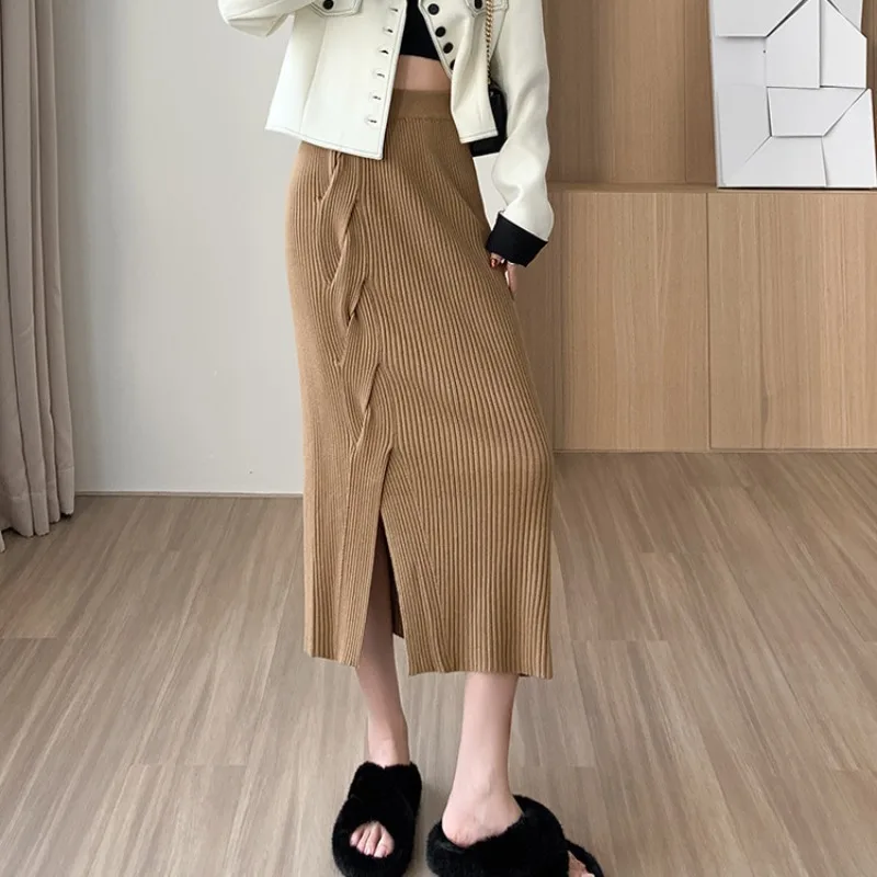 

Split Knitted Hip Wrap Half Skirt Women Autumn Winter Design Feeling Elegant One Step Skirts Elastic Waist Elastic Midi Skirt