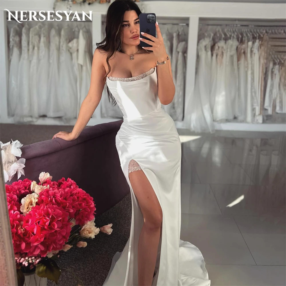 

Шикарные блестящие свадебные платья Nersesyan в стиле русалки с открытыми плечами и жемчугом, свадебные платья с высоким Боковым Разрезом, блестящее женское платье