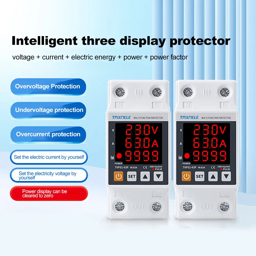 

63A 230V 3 IN 1 Display Din rail adjustable over under voltage surge protector relay over current protect Kwh Power watt Meter