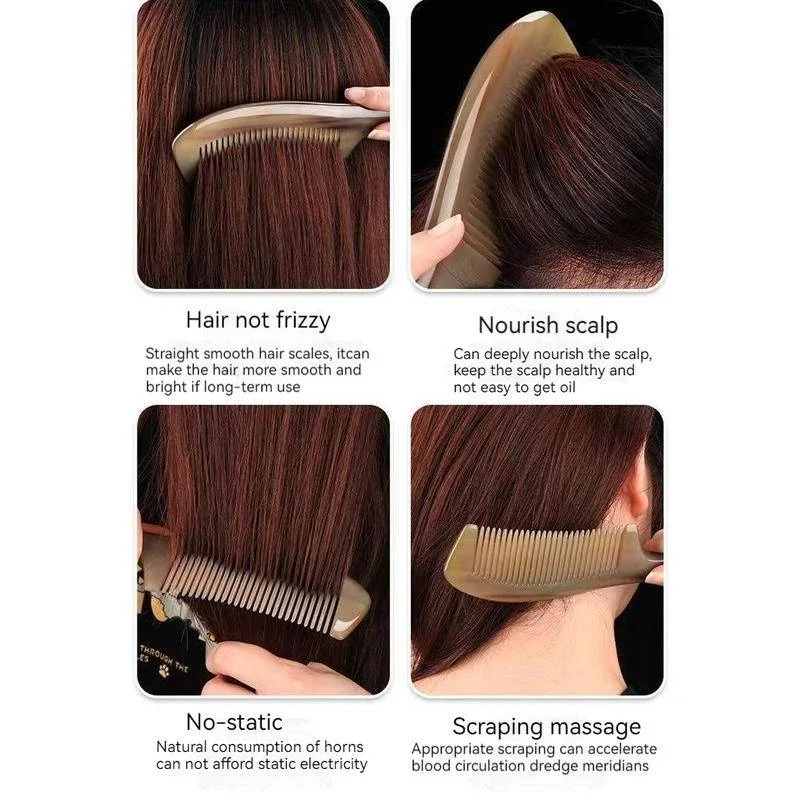 Natural Horn Massage Comb Round Fine Tooth Anti-Static Hair Straighter Curl Combs with Handle 6