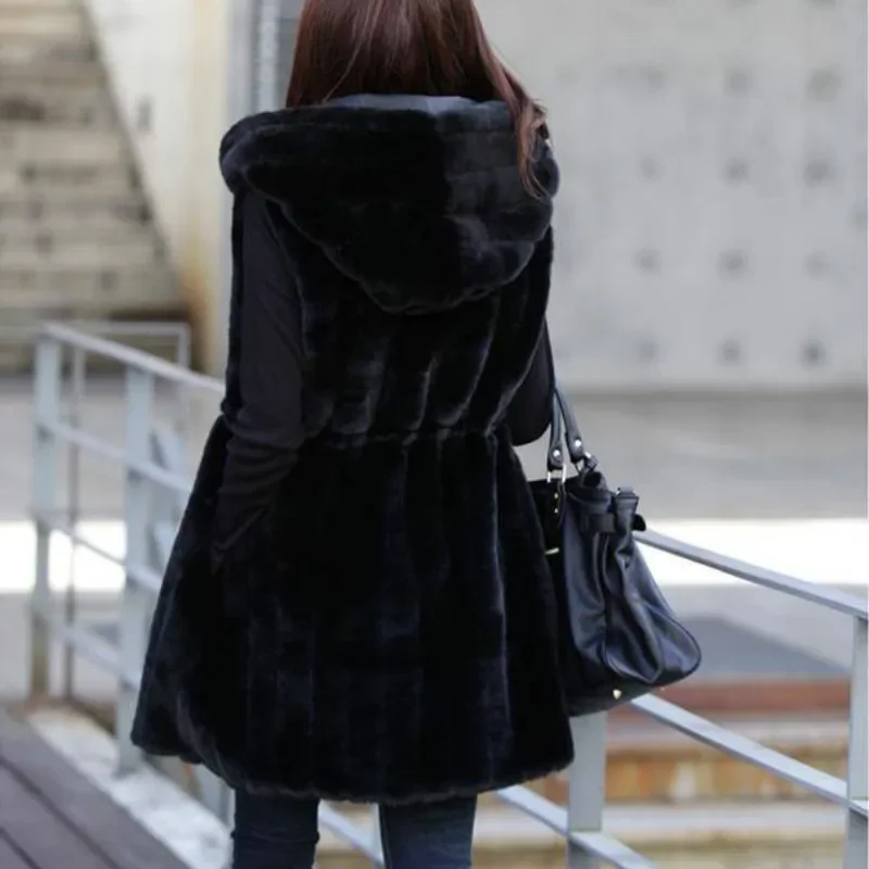 Beige Faux Fur Vest Winter Autumn Artificial Thick Warm Fur Vest Black Sleeveless Hood Slim Long Coat Office Lady Fashion Jacket