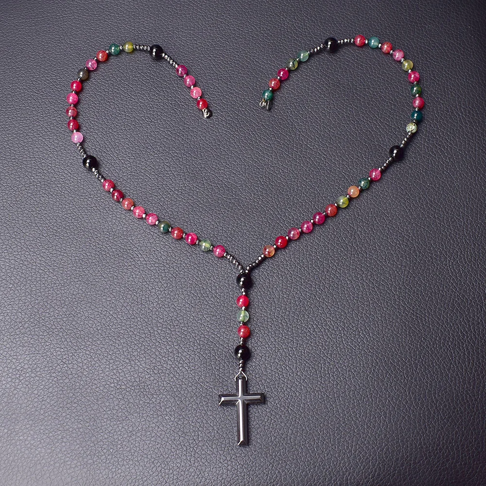

Ожерелье из католического Христоса с крестом из гематита, ожерелье с подвеской для мужчин и женщин, ювелирные изделия, разноцветный Агат рубеллита