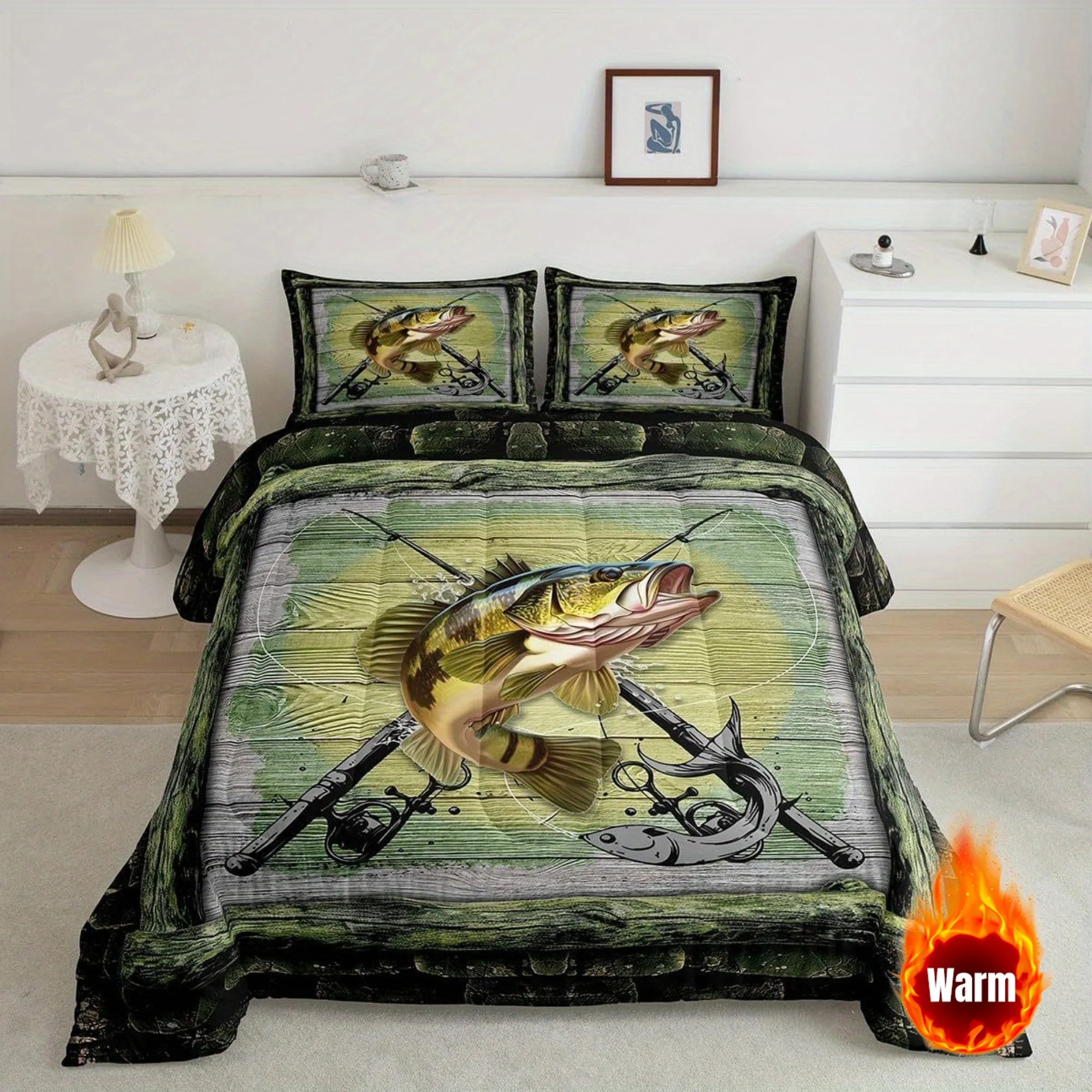 2/3Pcs Fishing Hunting Comforter Set, Pike Bass Fish Pattern Rustic Wooden Bedding with Pillowcases, All Season Soft Warm