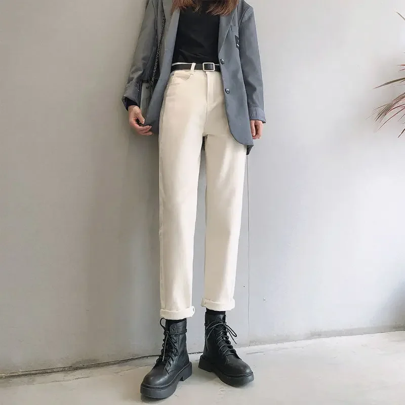 베이지 스트레이트 레그 청바지 여성 가을 ??시즌 살구 높은 허리 슬리밍 느슨한 가을 아빠 바지 코튼 원단 통근 스타일