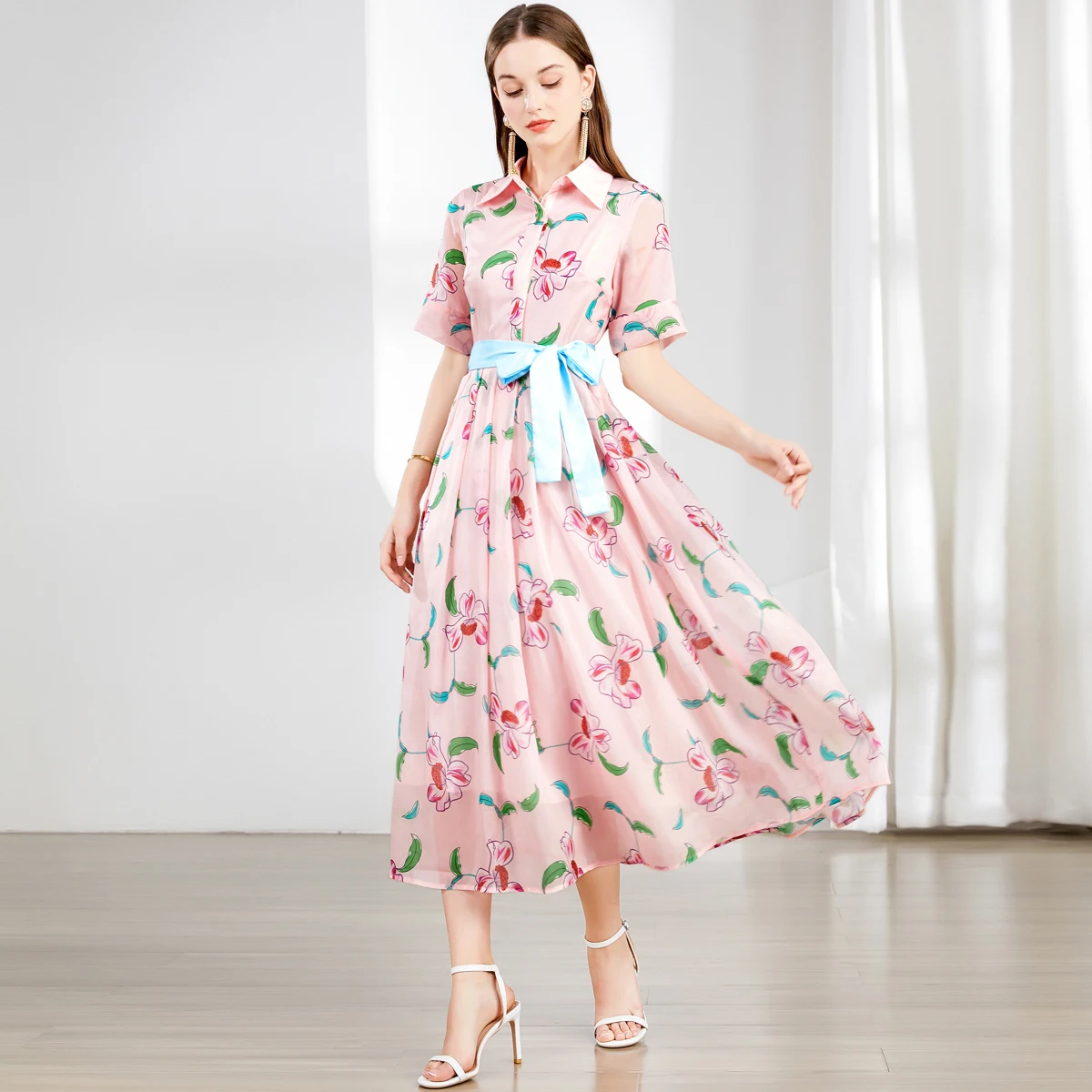 

Runway Design Fashion Floral Print Elegant Summer Belt Pleated Midi Long Dress Shirt Street Casual Lady Office Work Dresses 6855