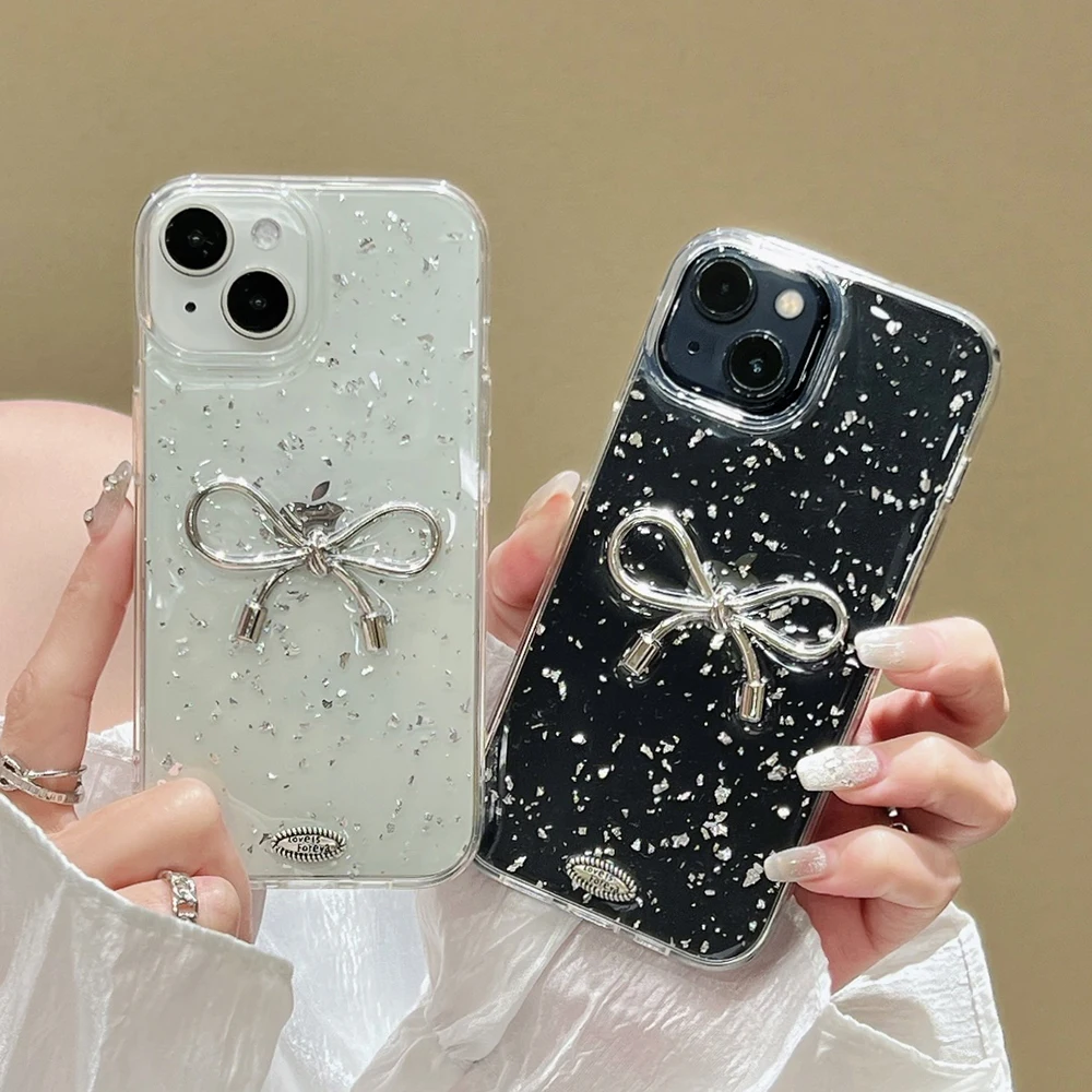 Glitter3DMetalBowknotSilverFoilPhoneCaseforiPhone11121314