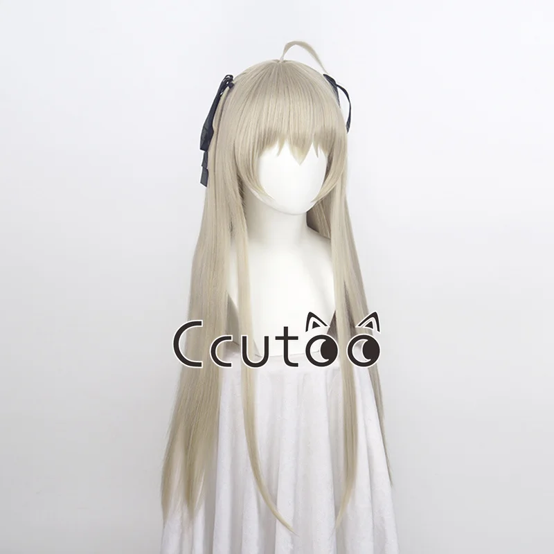 Anime Kasugano Sora Cosplay Wig 70cm Long Straight Light Grey Golden Heat Resistant Hair Wigs + Silk Black Ribbon