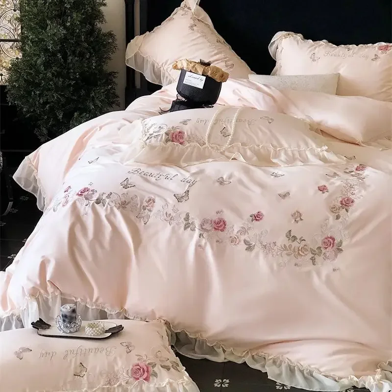Flowers Butterfly Embroidery Lace Ruffles Bedding Set 1000TC Egyptian Cotton Duvet Cover Bed Sheet/Fitted Sheet Pillowcases 4Pcs