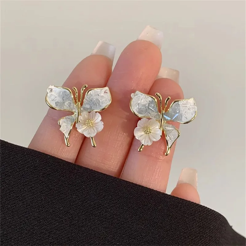 Chic Light Luxury Enamel Butterfly Pearl Flower Stud Earrings for Women Fashion Party Wedding Engagement Jewelry Gifts
