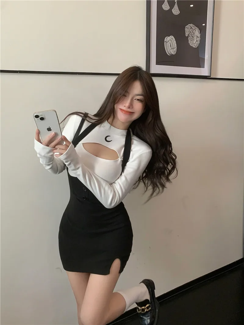 Sexy Girls Winter Fall Knit T-shirt Mini Strap Dress Two Pieces Set Hollowed Chest Printing Top Slim Fit Women Wrap Hip Dress