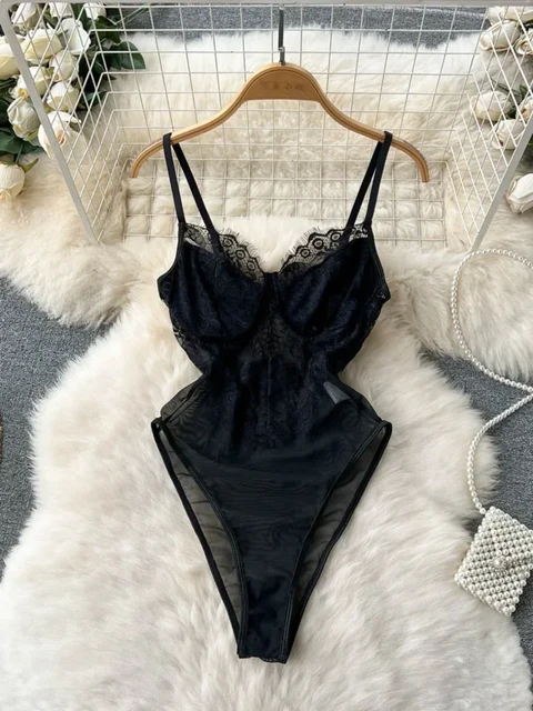 Black Bodysuit Romper Lace, Foam Sexy Womens Clothing