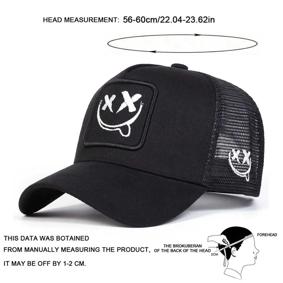 Unisex XX Baseball-Netzkappen mit lächelndem Gesicht und Stickerei, für Frühling und Sommer, für den Außenbereich, verstellbare Freizeithüte, Papa-Hut, Sonnenschutzhut – Detail 7