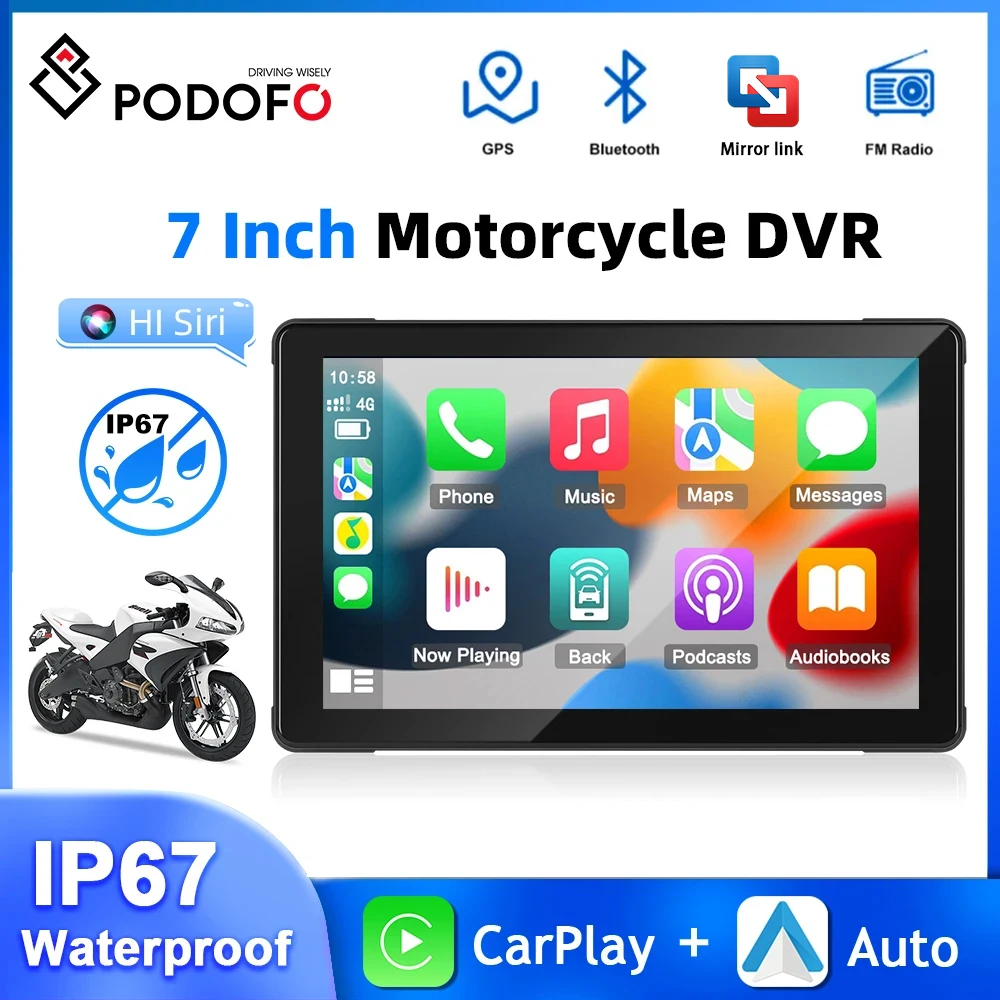 Podofo Motorcycle Carplay 7inch Car Monitor Motor Monitor Carplay Android Auto Airplay Android Cast IP67 Waterproof Motor DVR