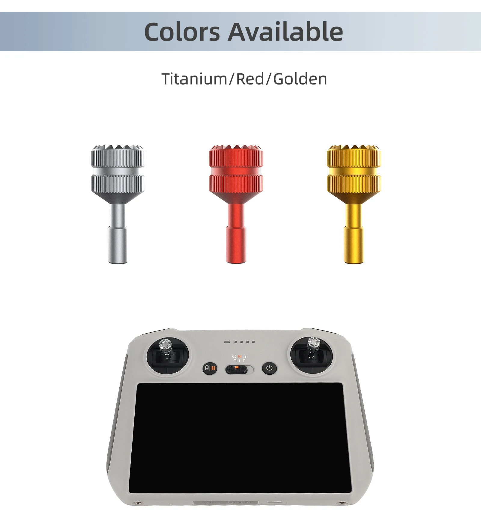 Les deux joysticks de rechange pour télécommande de drone en alliage d'aluminium, vus sous angle incliné.