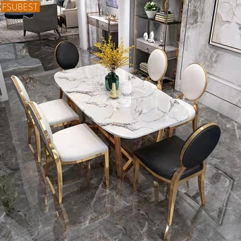 FSUBEST Ltalian Stainless Steel Gold Base Wedding Dinning Tables Chairs Set Luxury White Marble Dinning Table Chair Salle Manger 1