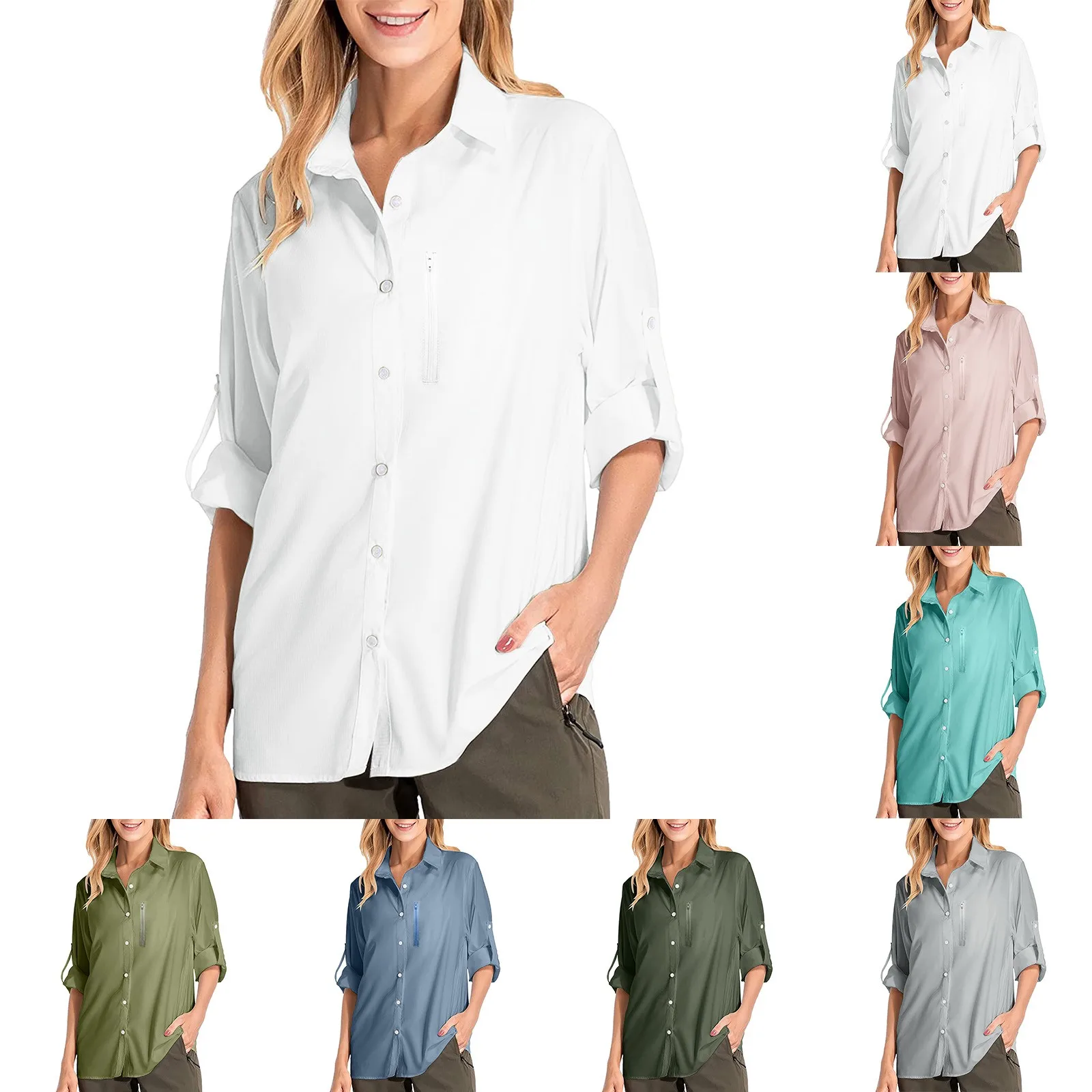 Womens UPF 50+ Sun Shirts Long Sleeve Outdoor Cool Quick Dry Fishing Hiking Shirt Turn-down Collar Button Blouses
