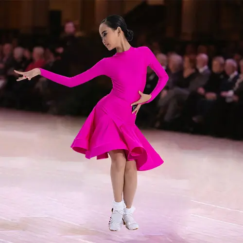 Girls Latin Dance Competition Clothing Glossy Fabric Long Sleeves Dance Dress Kids Cha Rumba Dance Practice Training Wear - Image 20
