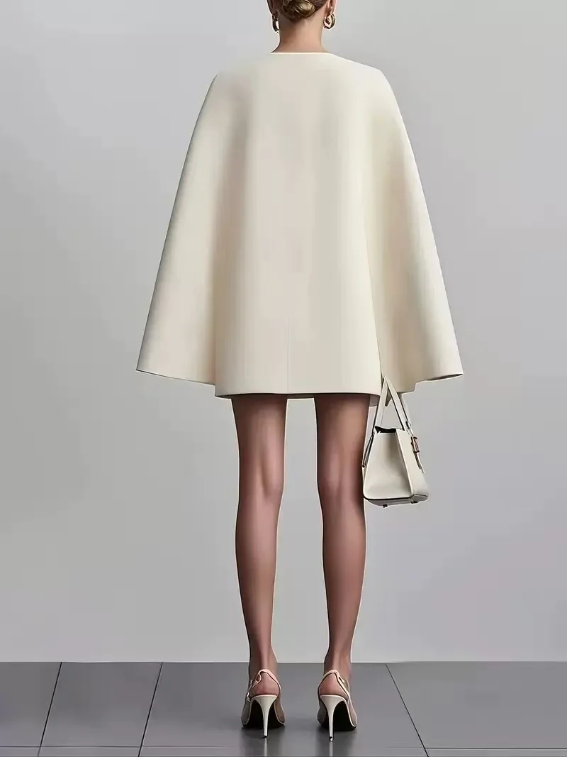 2025 Women Fashion Commuter Solid Blazers Dress Office Double Breasted Waist Party Dress Elegant V-neck Shawl Cape Sleeve Dress 3