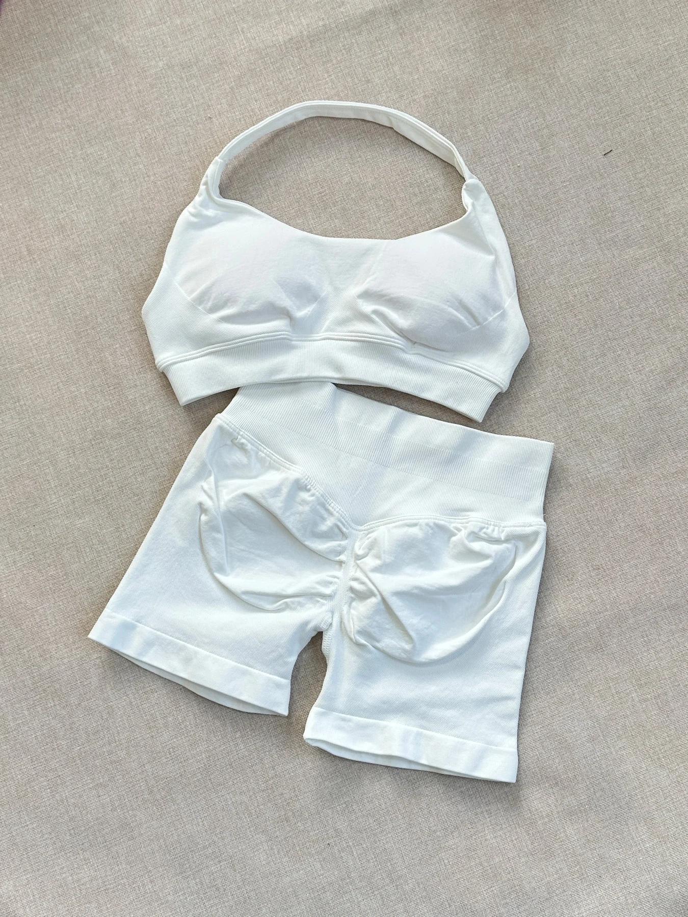 2-Piece Sporty Impact Set: Strappy Bra with Seamless Candy-Colored Knit Shorts for Exercise, Shopping, and Casual Wear