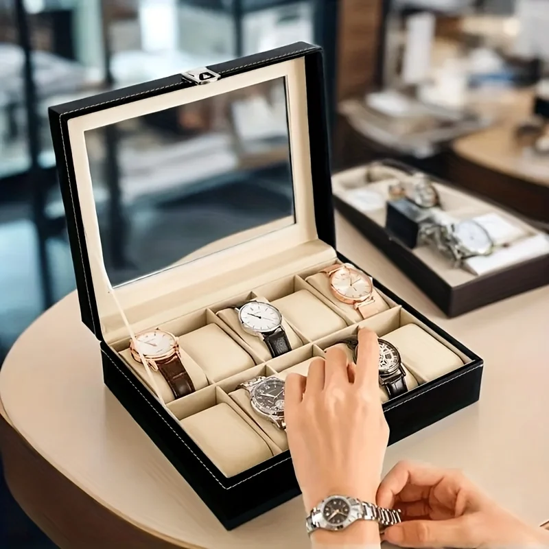 1pc Elegant Watch Storage,3/12-Compartment Showcase with Glass Top & Secure Locking Feature,High-Quality Faux Leather for Home