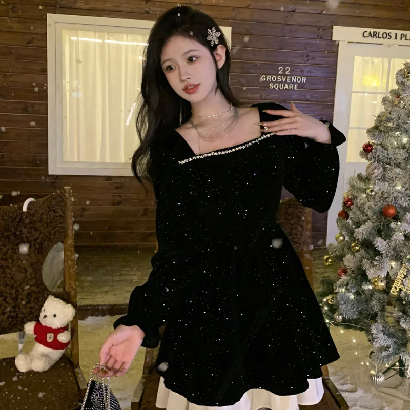 

Plus Size Women 2024 Autumn Winter Christmas Dress Squared Female Collar Velvet Double Layered Slimming Waist Tightening K723